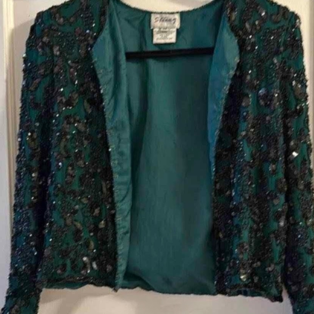 Green, fully beaded and sequined top, Size M 